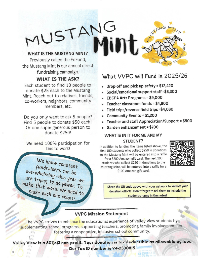 Mustang Mint 2025: The first 100 students who collect $250 in donations to the Mustang Mint will be entered into a raffle for a $200 Amazon gift card. 