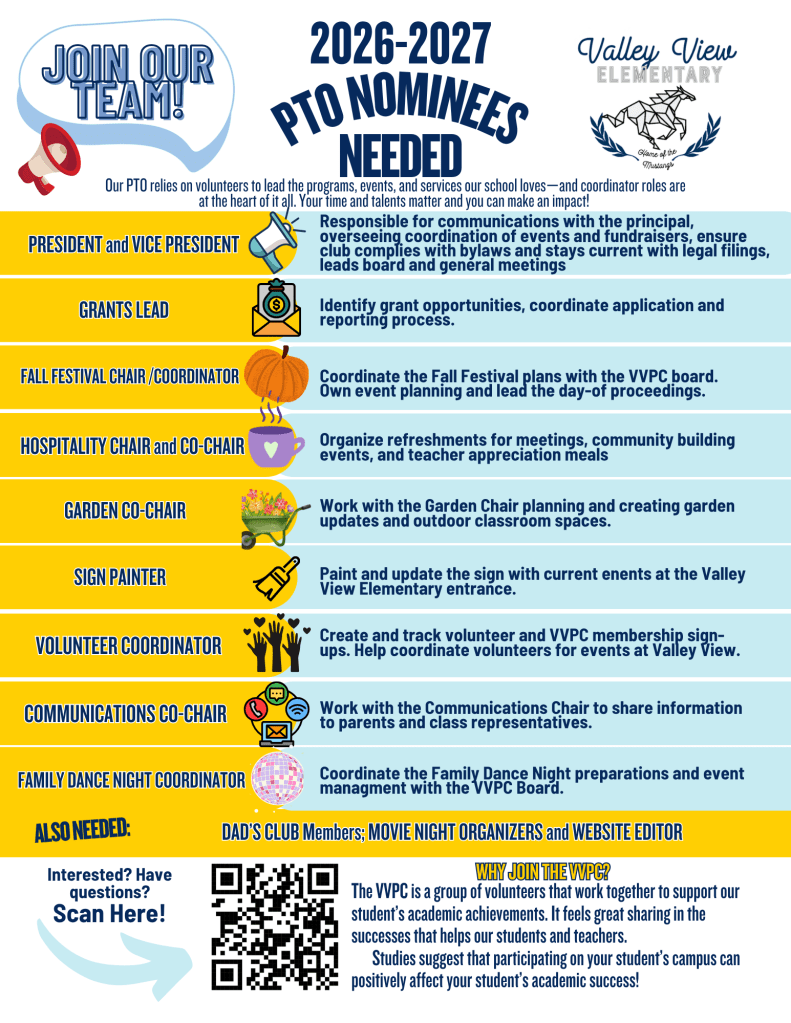 VVPC PTO Nominees Needed 2026/27